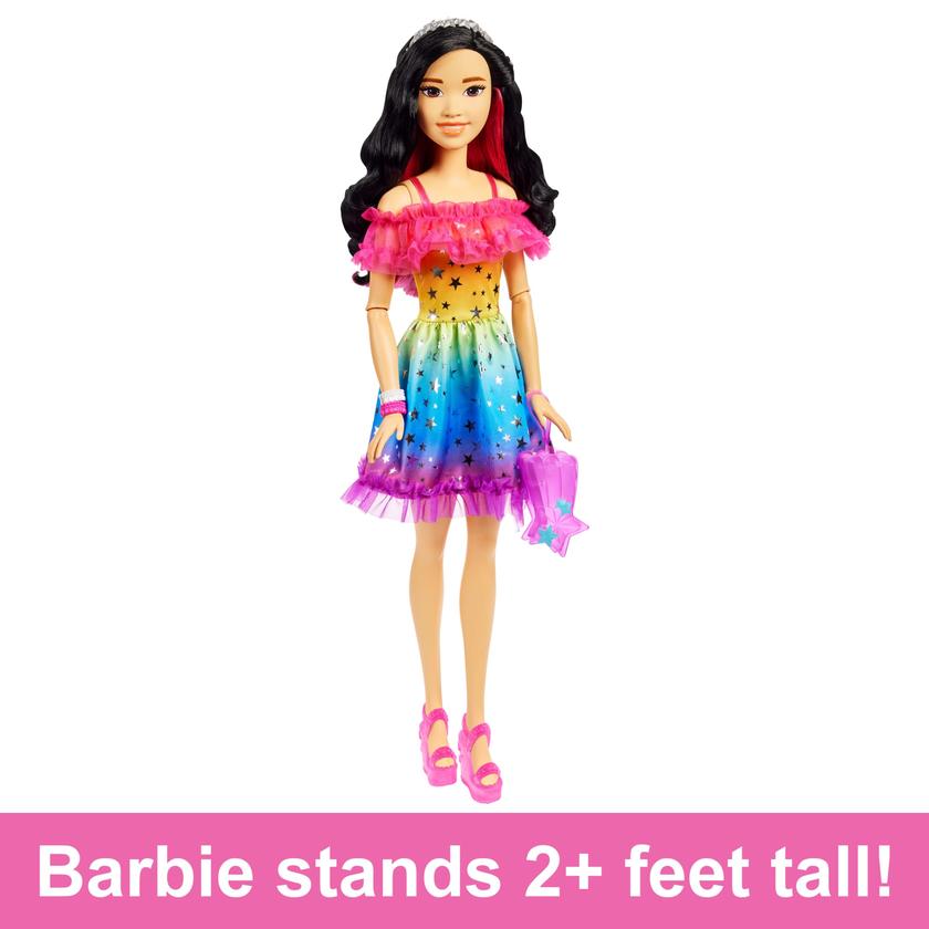 Large Barbie Doll, 28 Inches Tall, Black Hair And Rainbow Dress Free shipping