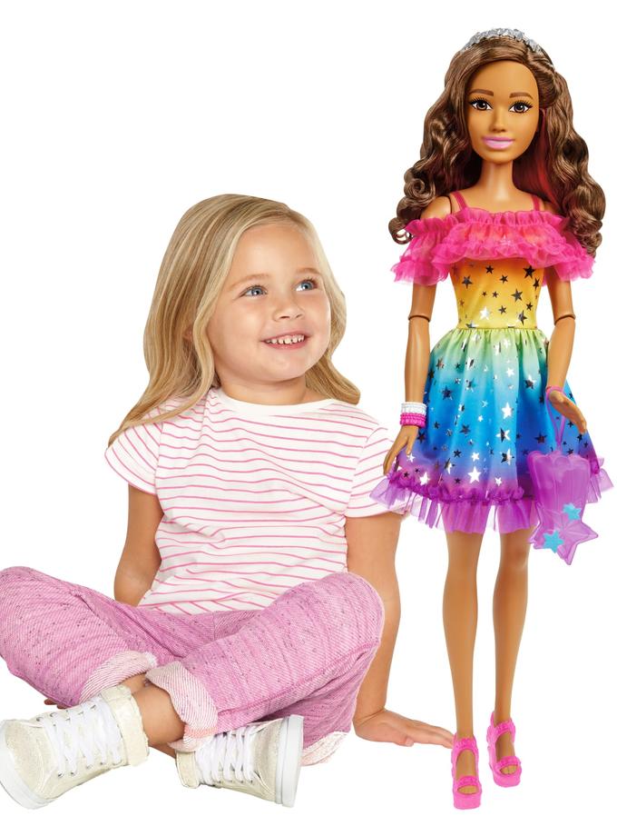 Large Barbie Doll, 28 Inches Tall, Brown Hair And Rainbow Dress On Sale