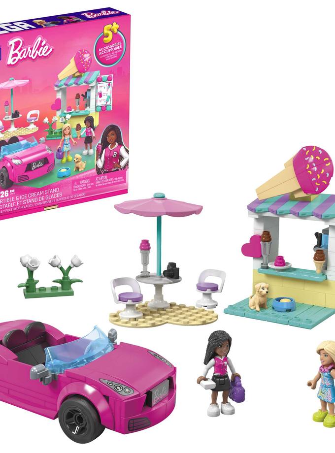 MEGA Barbie Convertible & Ice Cream Stand Building Toy Kit With 2 Micro-Dolls (225 Pieces) High Quality