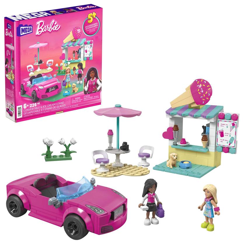 MEGA Barbie Convertible & Ice Cream Stand Building Toy Kit With 2 Micro-Dolls (225 Pieces) High Quality