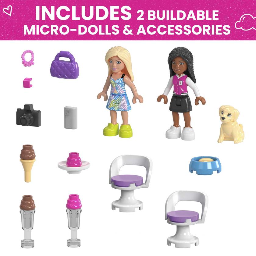 MEGA Barbie Convertible & Ice Cream Stand Building Toy Kit With 2 Micro-Dolls (225 Pieces) High Quality