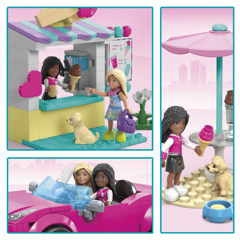 MEGA Barbie Convertible & Ice Cream Stand Building Toy Kit With 2 Micro-Dolls (225 Pieces) High Quality