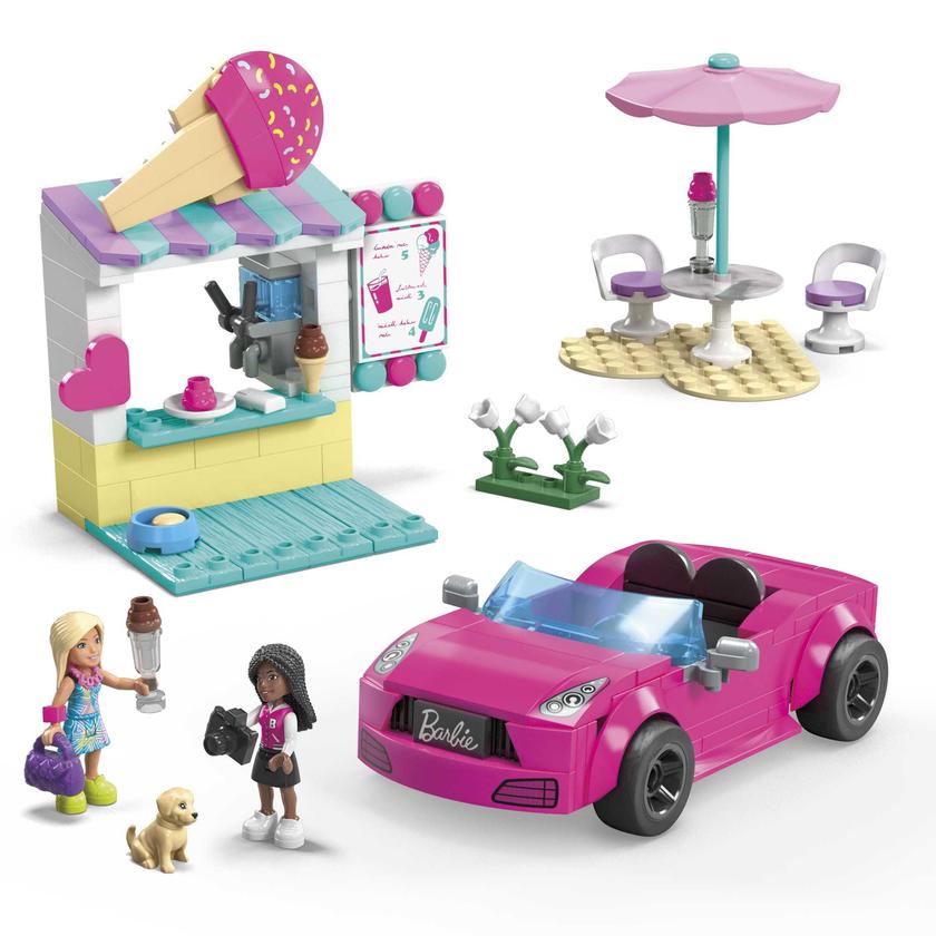 MEGA Barbie Convertible & Ice Cream Stand Building Toy Kit With 2 Micro-Dolls (225 Pieces) High Quality