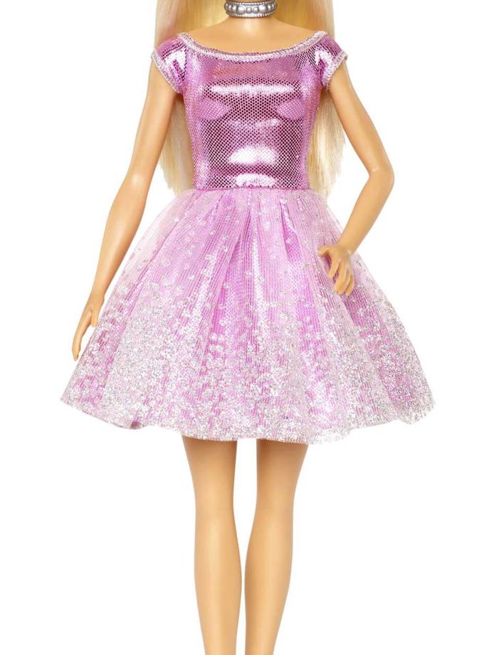 Poupée Barbie Joyeux Anniversaire, Blonde, Vêtue D’Une Robe de Fête Rose Étincelante Avec Cadeau Best Seller