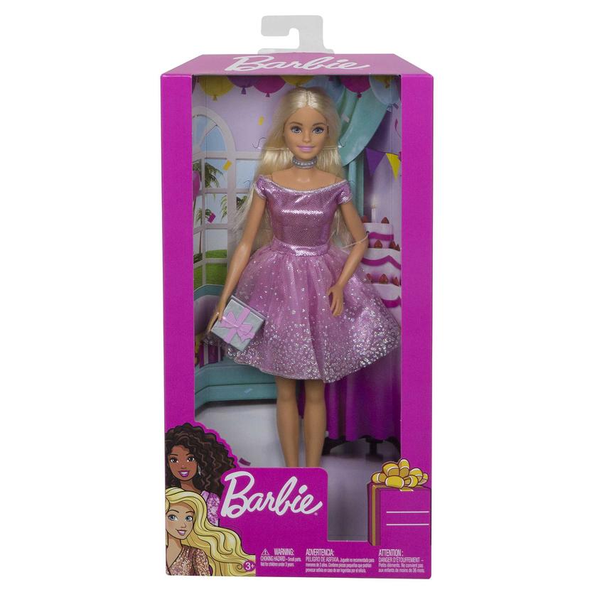 Poupée Barbie Joyeux Anniversaire, Blonde, Vêtue D’Une Robe de Fête Rose Étincelante Avec Cadeau Best Seller